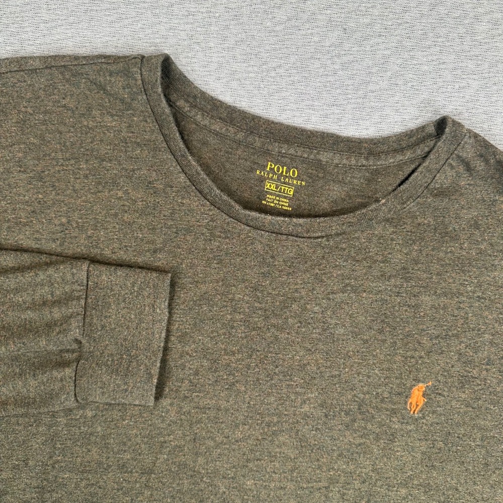 Polo Ralph Lauren T-Shirt Mens XXL Heather Olive Green Orange Pony Long Sleeve